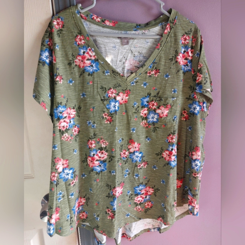 Falls Creek 2x Green Floral V-Neck Top